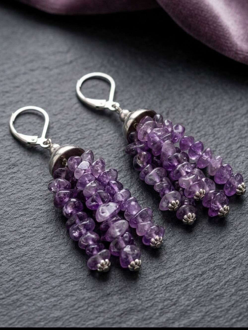 Amethyst Chip Tassel Drop Earrings Leverback Silvertone Fairycore Boho Natural